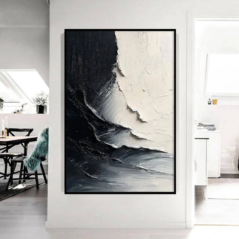 Abstract Style Black Beige Canvas Thick Oil Painting New Special Design Hand Made Grey Black Simple Wall Art Items For Room Deco
