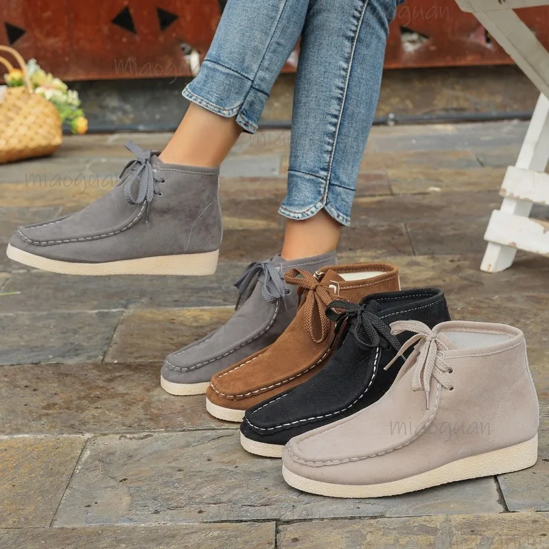 Botas planas individuales a la moda Para Mujer, botines antideslizantes de suela suave con cordones delanteros de gamuza y cabeza redonda, Botas Para Mujer