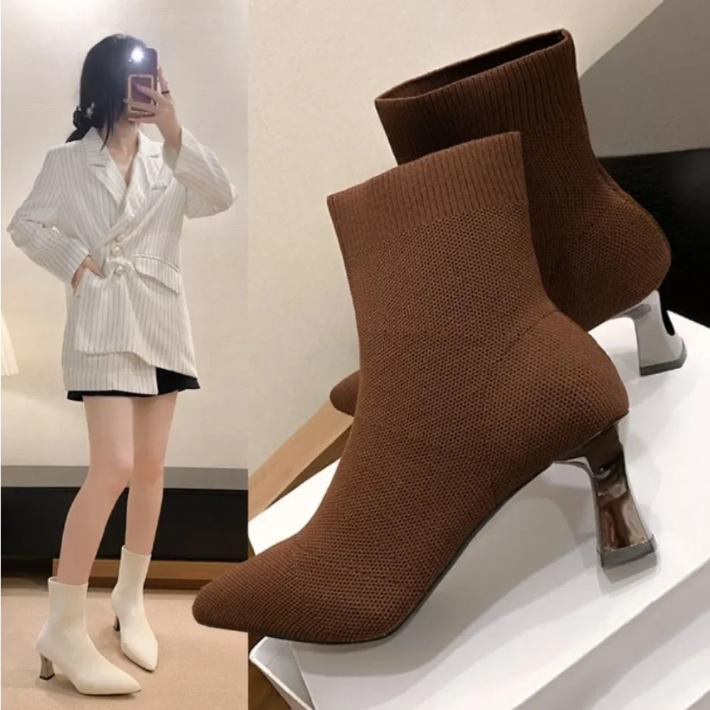 Autumn Winter Knitted Stretch Fabric Socks Boots Women Low Heel Short Boots Pointed Toe Female Ankle Booties Size 42