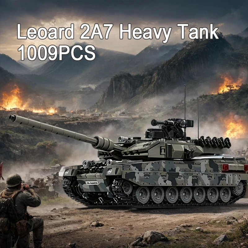 

1009 шт. Leopard 2A7 тяжелый танк, строительные блоки, модель в сборе, военный бронированный автомобиль, кирпичи, игрушки для детей, креативные рождественские подарки