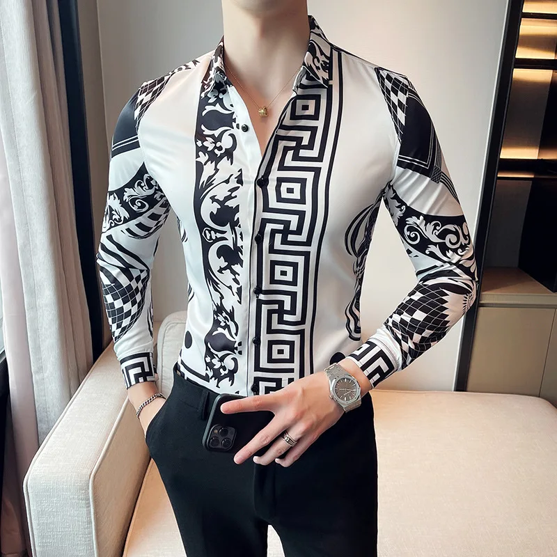 Men‘s New Fashion Slim Fit Luxury Shirts Vintage Casual White Striped Printed Long Sleeve Shirt Men Camisa Hawaiana Hombre M-6XL