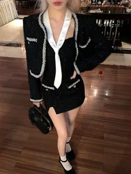 Women Black Tweed Vintage Elegant 2 Piece Set Autumn Winter Small Fragrance Wool Jacket Coat + Spaghetti Strap A-Line Set 2023