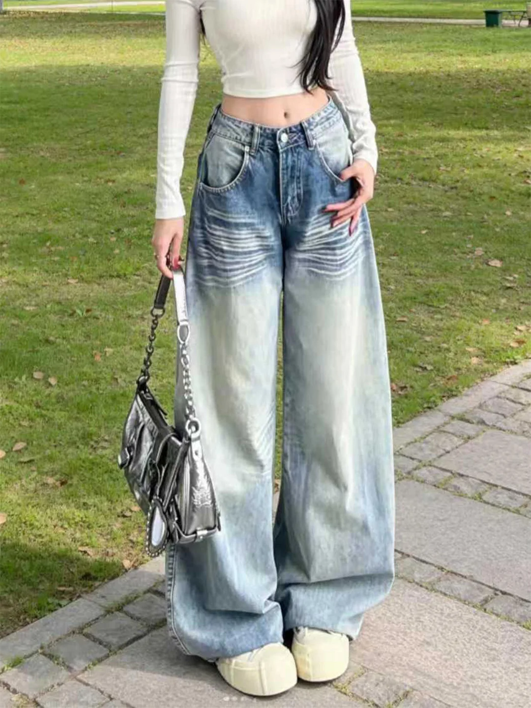 

High Waist Wide Leg Light Blue Vintage Washed Denim Jeans Women's Slim Fit Summer New Style American Retro High Waist Jeans