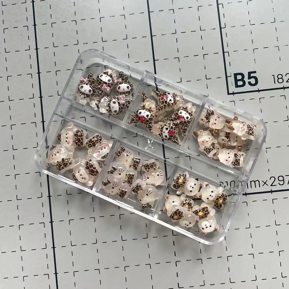 30/60/70/120Pcs Box Glitter Leopard Print Sanriod Nails Art Charms Accessories Hello Kitty Mymelody Kuromi Diy Resin Accessories