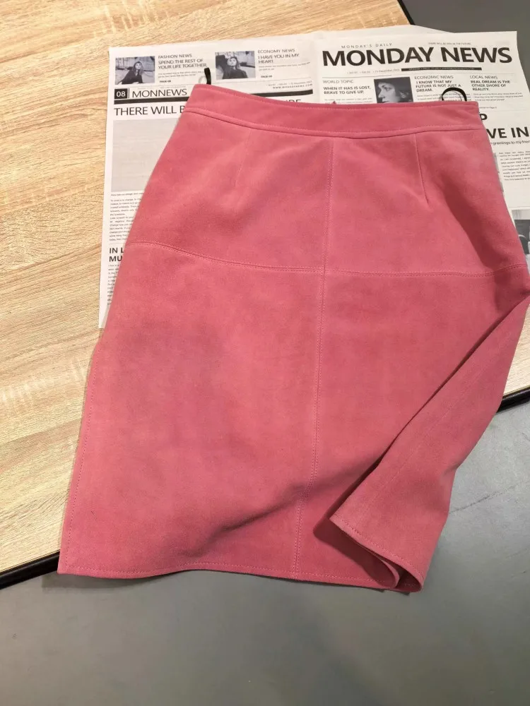 Elegant Autumn Winter Genuine Leather Suede Skirts Party Casual High Waist Real Sheepskin Work Lady Knee Length Side Split Skirt