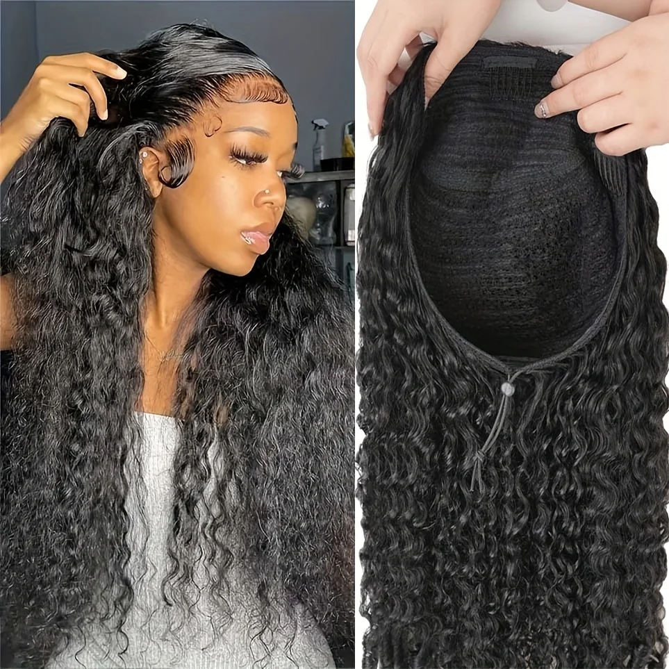 

18-38 inches 3 In 1 Curly Half Wig Ready To Wear Glueless Deep Wave Human Hair Wig With Drawstring Headband Half Wig 250 Density