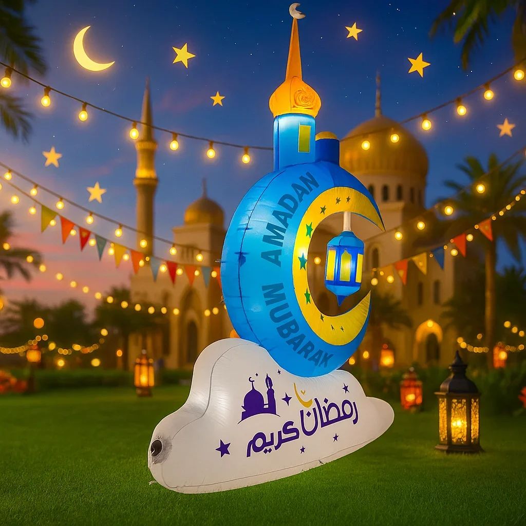 Nadmuchiwana zabawka LED 2,4 m / 7,8 stopy, dekoracja ogrodowa na Ramadan Eid, niebieski księżyc, ozdoba świąteczna na zewnątrz, prezent DIY