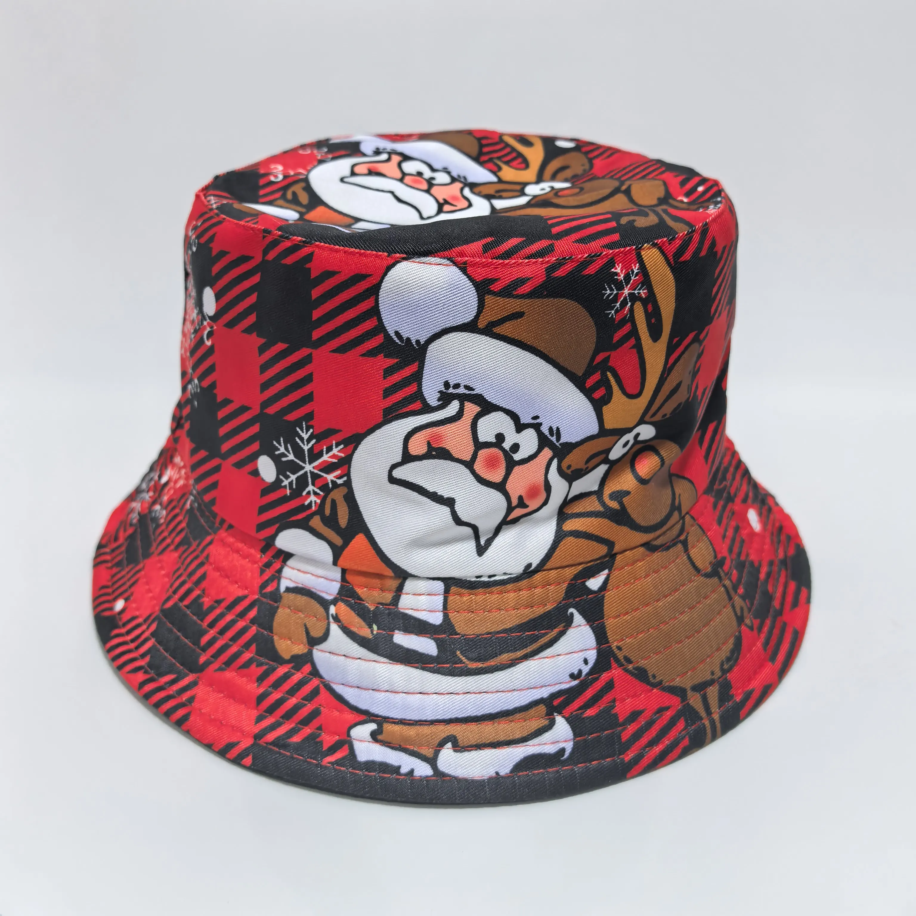 Christmas Santa Claus Print Bucket Hat Men Women Xmas Snowman Reindeer Snowflake Fisherman Hat Foldable Wide Brim UV Sun Protect