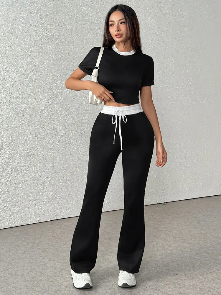 Women T-shirt Trousers 2 Piece Spring Streetwear Fashion Short Sleeve O-Neck T-shirt Casual Slim Lace-up Trousers Lady Clothing
