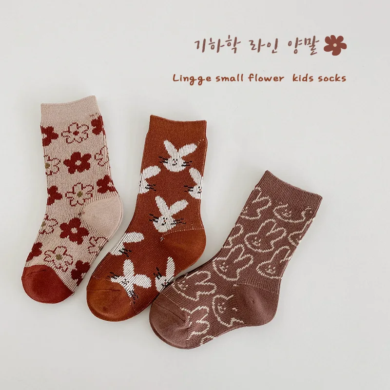 Autumn Winter Girls Socks Cartoon Bunny Pattern Double Cotton Warm Calf Socks Kids Baby Girls Socks 3 Pairs