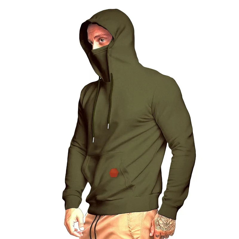 Men Casual Long Sleeve Streetwear Hip Hop Hoodie Solid Color Drawstring Hooded Sweatshirts Ninja Mask Face Pullover Clothes Tops