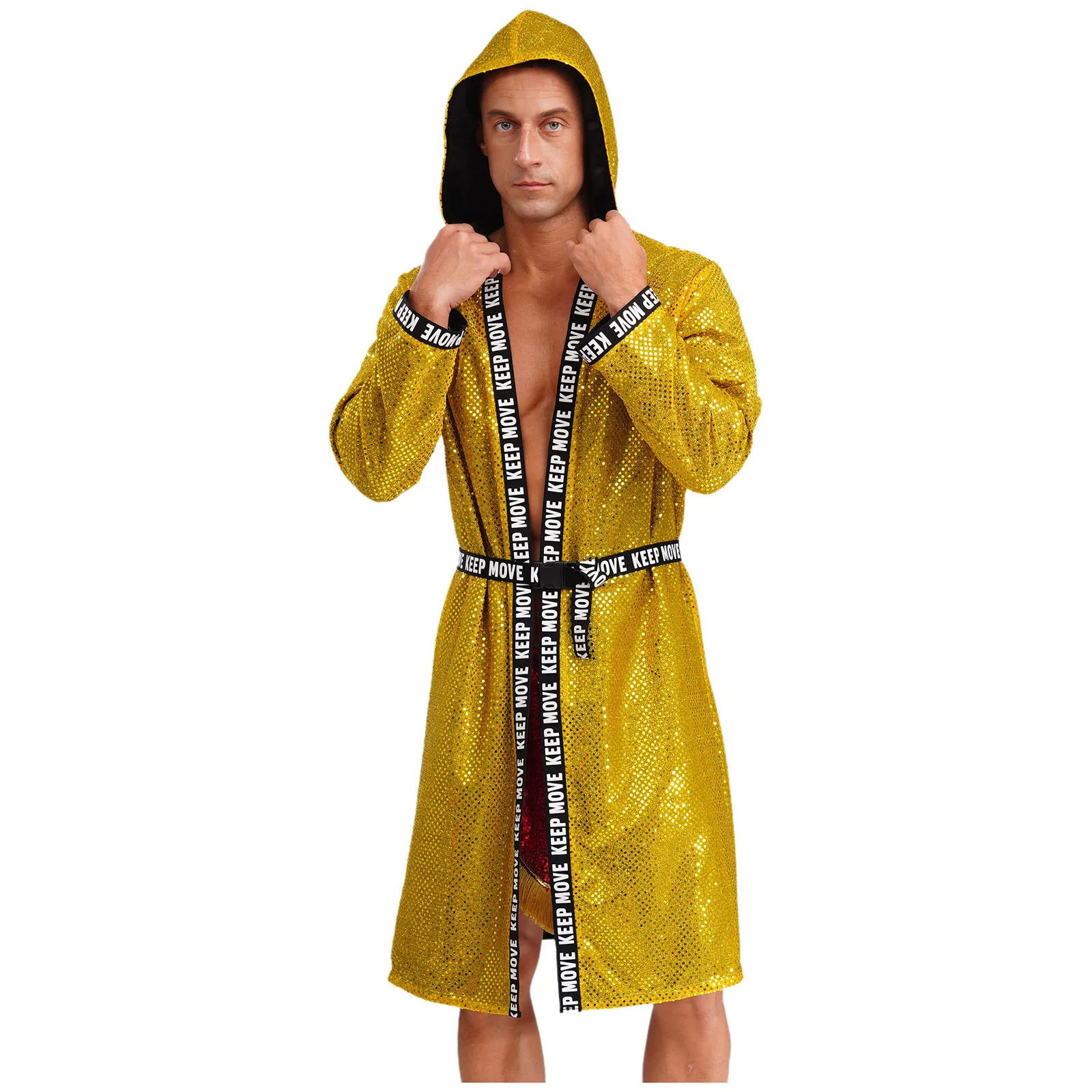 Men Shiny Sequins Boxing Robe Nightgown Sleepwear Adult Hooded Long Sleeve Boxing Robe With Belt Loose Cover Up Bathrobe Robe