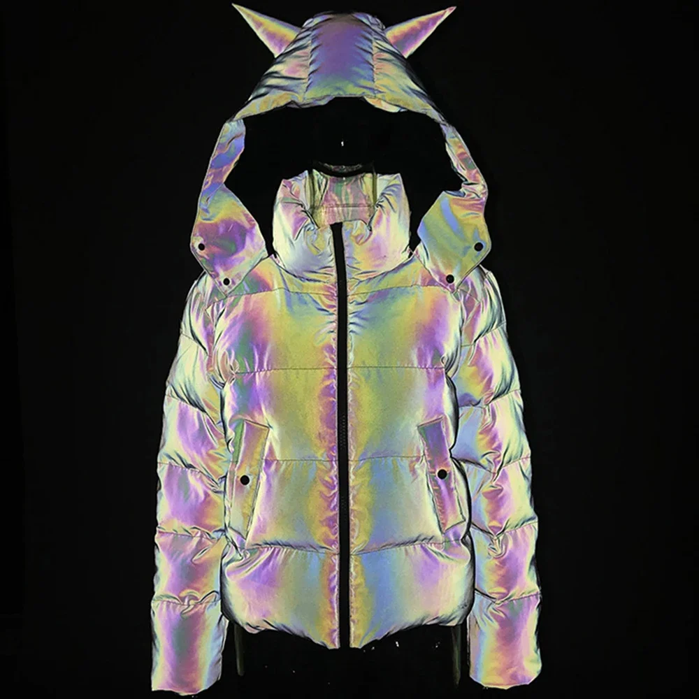 Women Reflective Hooded Parkas Down Bubble Coat Puffle Jackets Cool Bling Luminous Cute Hooded Down Jacket Thick Warm Outcoats