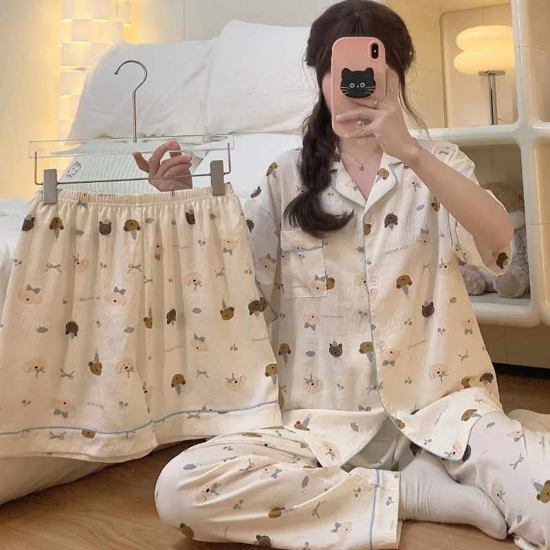 New Summer Ladies Pajamas Homewear Three-Piece Cloud Cotton Lazy Wind Cute Bear Puppy Printed Pajamas Loose Homewear Set