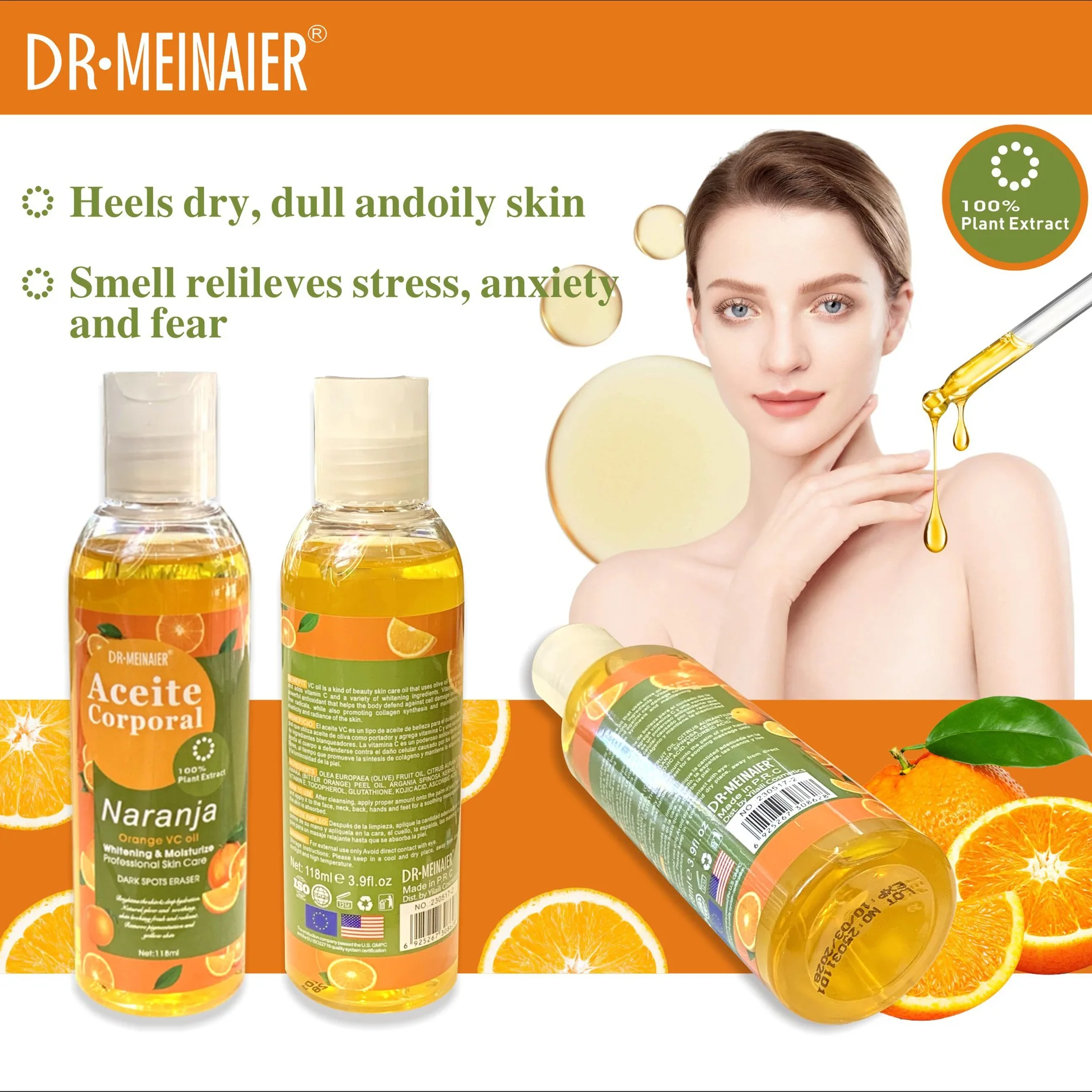 118ml Orange VC Whitening Moisturizing Massage Oil with Vitamin E Kojic Acid Glutathione Body Oil for Skin Dark Spot Remover