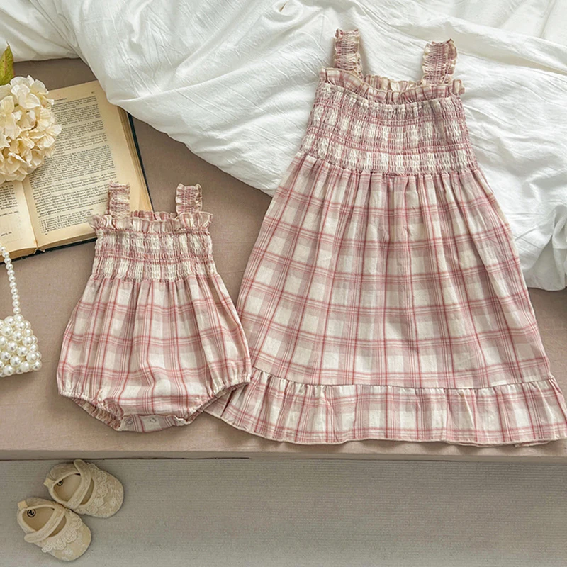 Girls Sister Dress Clothes Summer Sweet Newborn Baby Girls Pink Grid Jumpsuit Toddler Girls Short Sleeves Kids Princess Dress