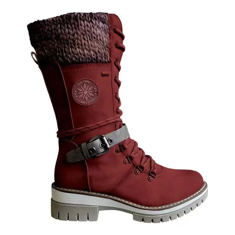 Platform Shoes 2024 Winter Buckle Lace Up Knitted Mid-calf Boots Low Heel Round Toe Warm Boots Plus Size 36-43 Botas De Mujer