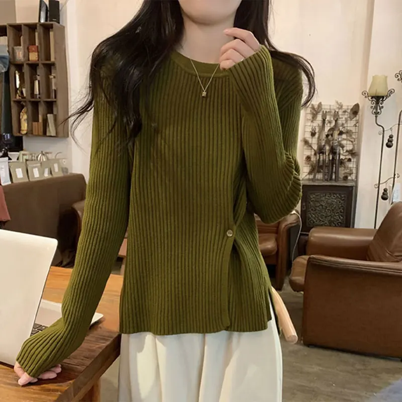 Casual O-Neck Knitted Sweaters Autumn Winter Solid Color Stylish Split Button Commute Women's Clothing Basic Long Sleeve Jumpers