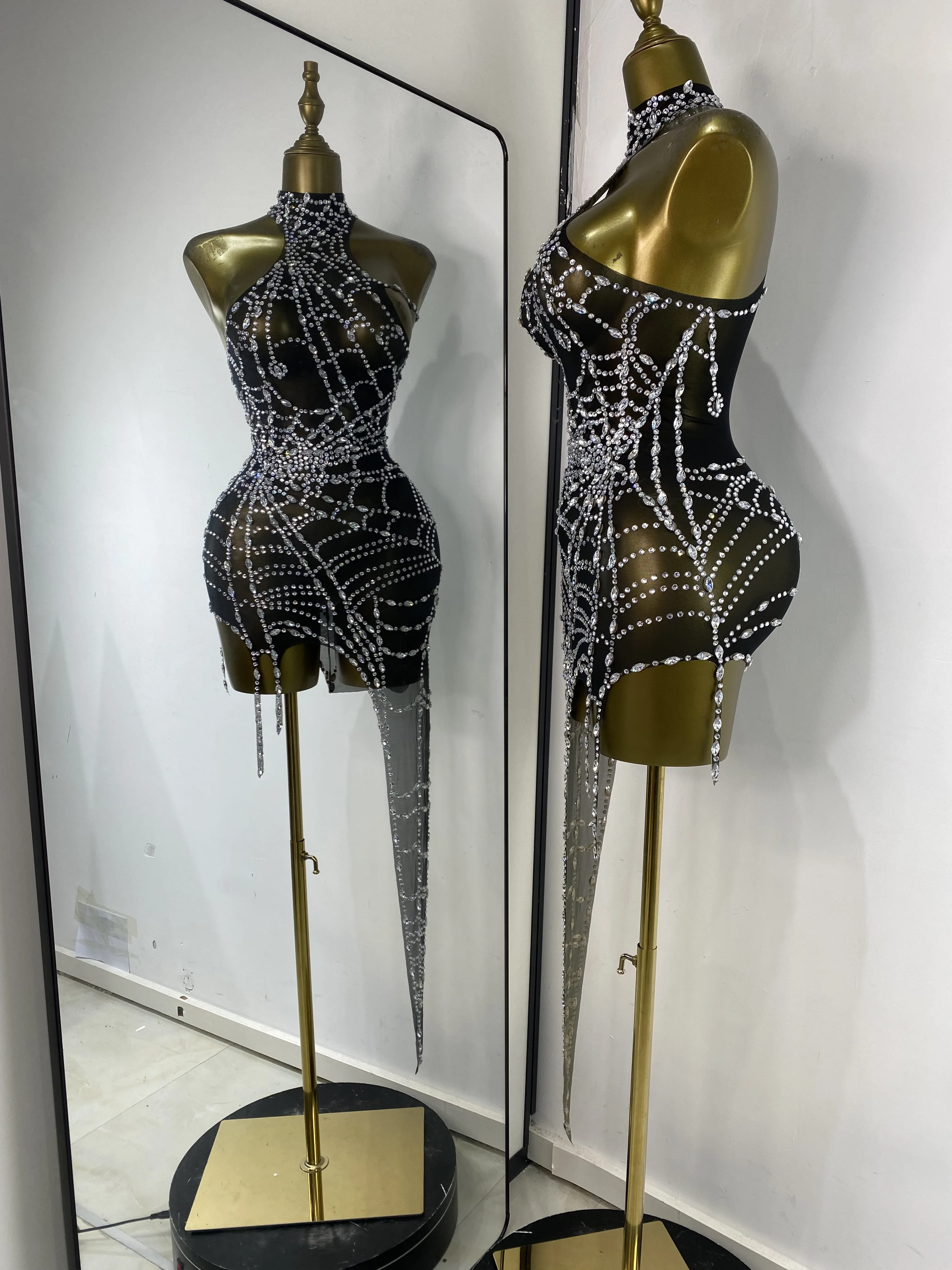 فستان نسائي مسائي للحفلات والنوادي على طراز الشرير مرصع بأحجار الراين الشبكية غير المتماثلة فستان تنكري للهالوين Nightbar DJ Gogo أزياء فستان #4