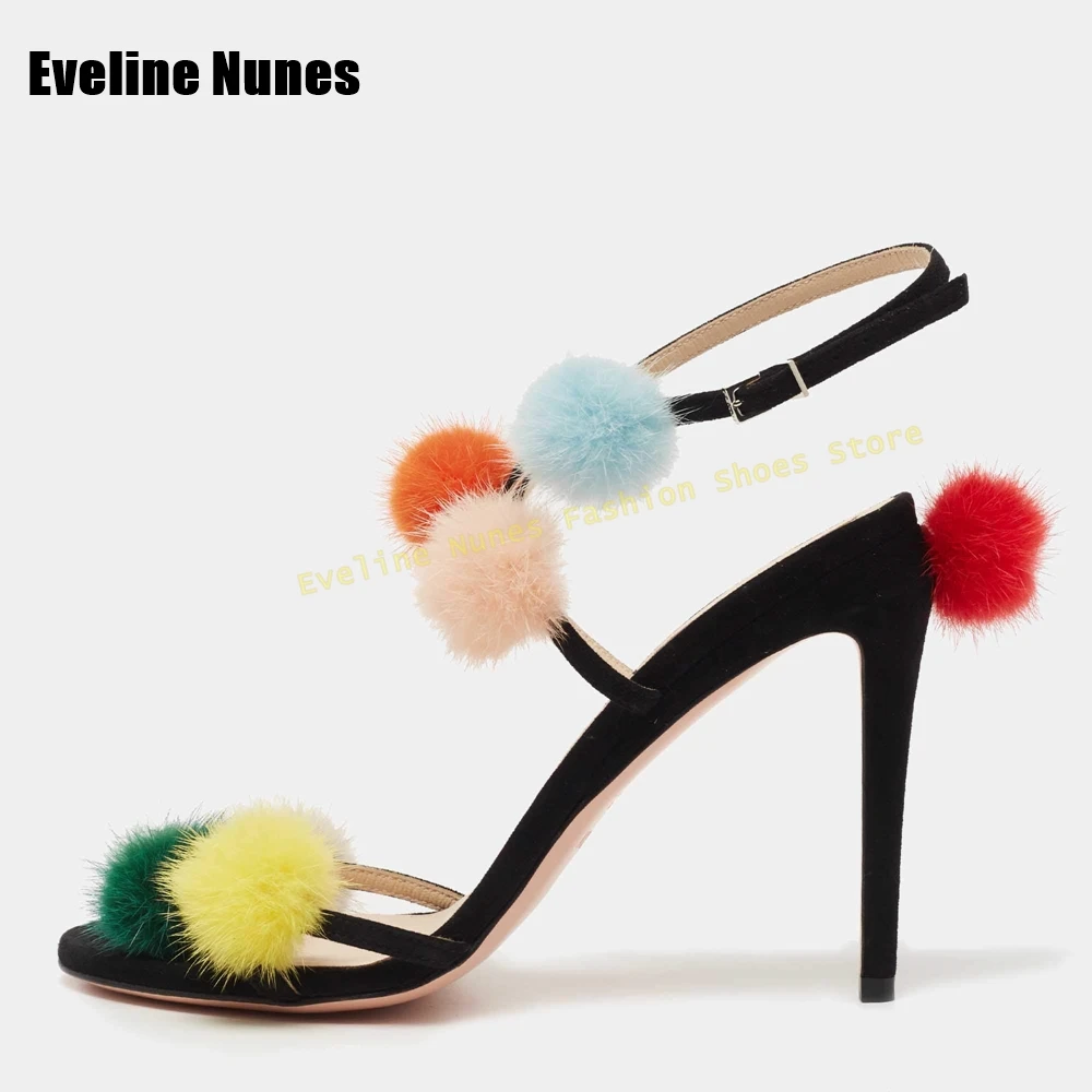 Suede Multicolor Pom Pom High Heel Sandals Women's Black Open Toe Stiletto Heel Ankle Strap Heels for Summer Beach Party 2026 view 4