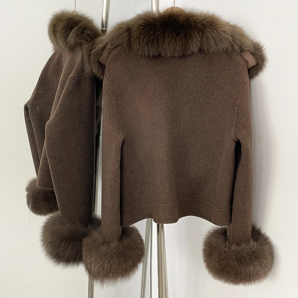 OFTBUY Wollmantel Neue Damen Kurze Doppelseitige Wolljacke mit Echten Fuchsfell-Taschen Luxuriöse Warme Wintermode-Oberbekleidung – Detail 16