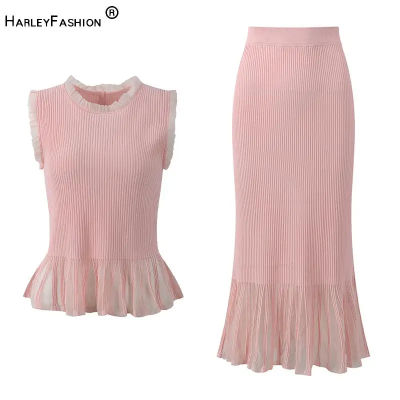 

2026 Summer Lady Delicacy Lace Trim Patchwork Suit O-neck Sleeveless Pullover Tops Mermaid Long Skirt Women Slim Knit 2Pcs