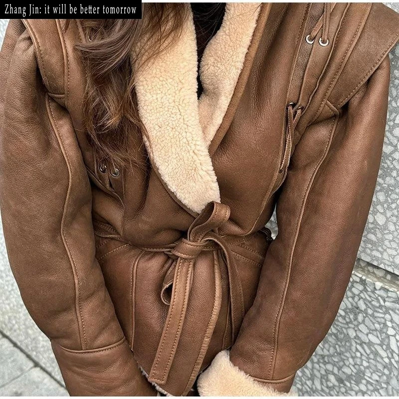 Warme ort Wildleder-Jacke für Damen mit Gürtel Street Sle Retro Faion Oberbekleidung PU-Material Farbe Blo Design Wintermantel