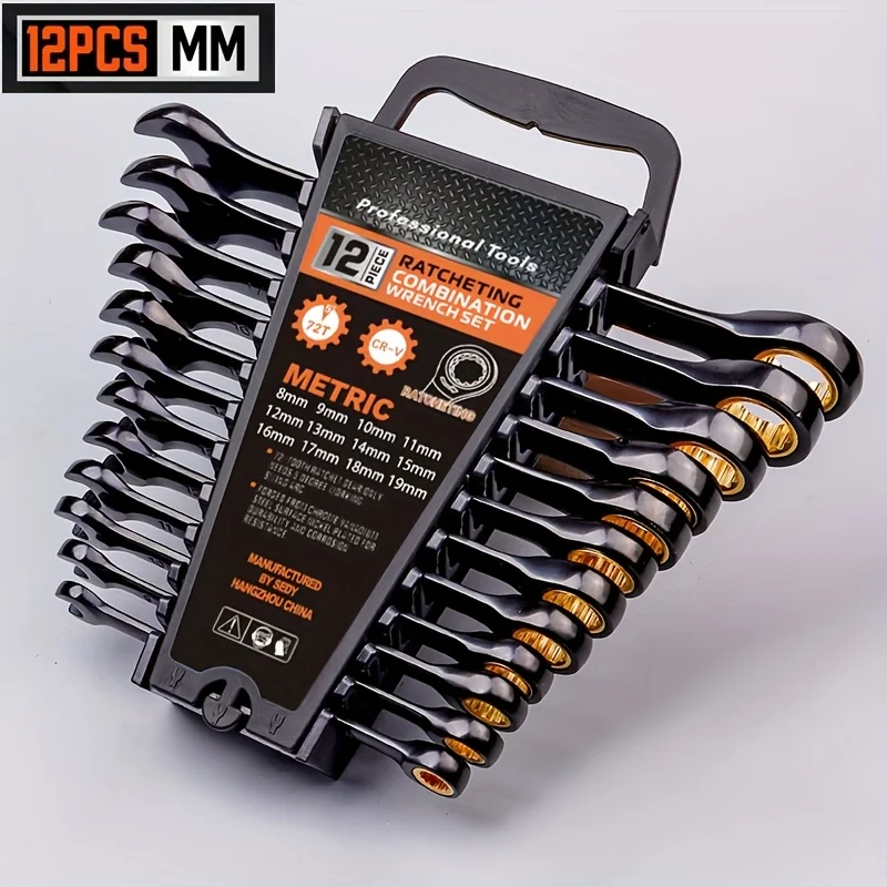 DGEV 12-Piece Metric Black Gold Ratchet Open-End Wrench Set, Made of CRV Material, With Stand, Sizes 8-19mm