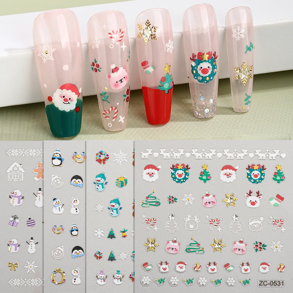 

3D Cartoon Christmas Nail Stickers Snowflake Snowman Santa Claus Elk Penguin Gingerbread Man Nail Decals for Winter Manicure