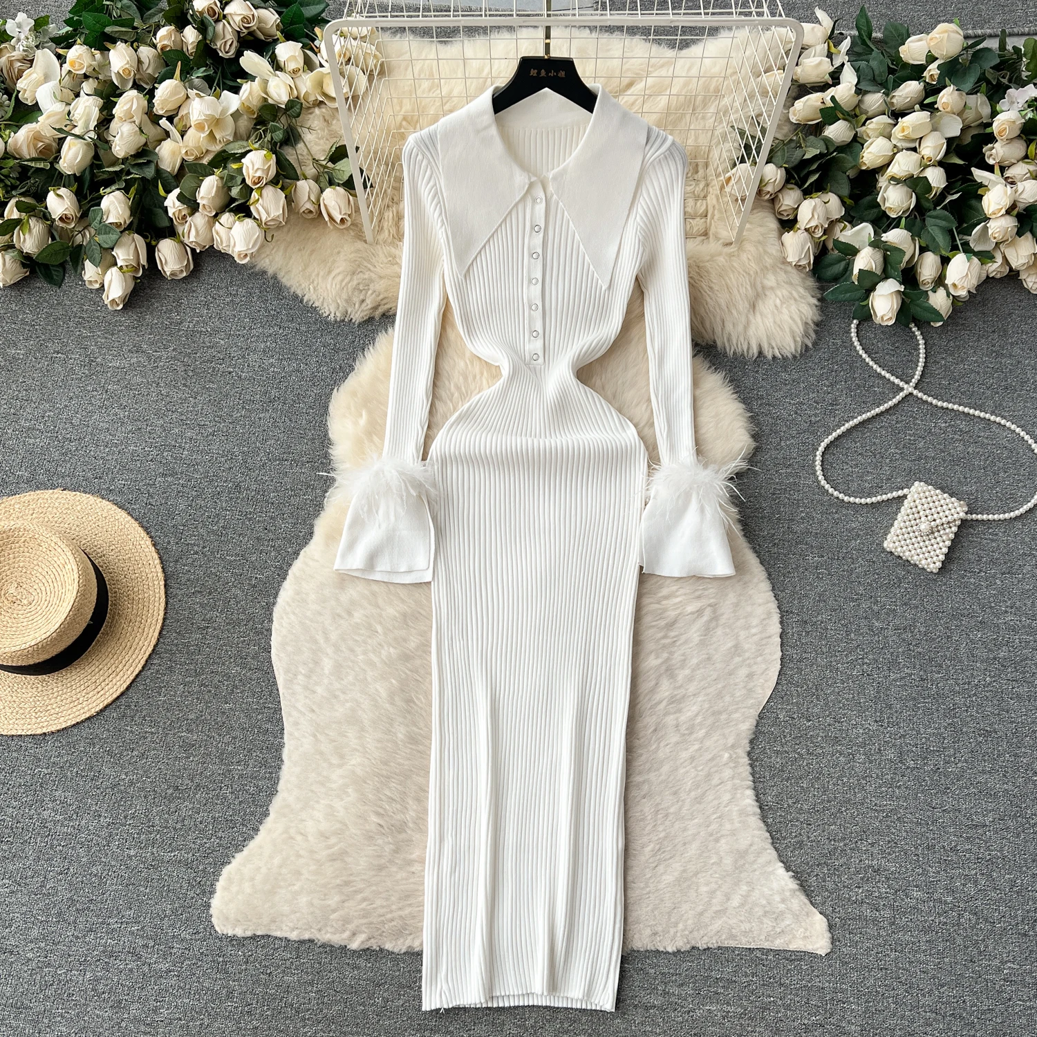 REALEFT Autumn Winter Women\'s Knitted Wrap Dresses 2024 New Long Sleeve Polo Collar Buttons Solid Sheath Dress Female