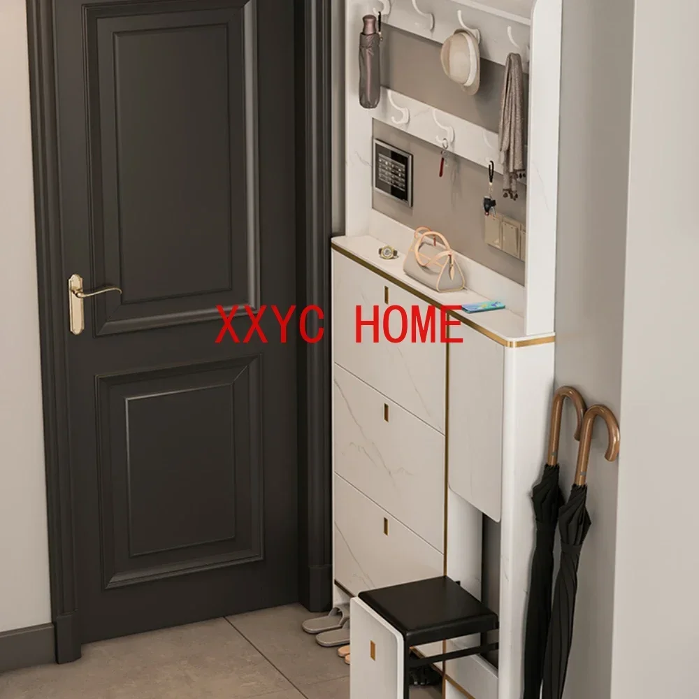 

Ultra-Thin Shoe Cabinet Coat Rack Integrated 13cm Home Doorway Household Stool 17 Light Luxury Solid Wood