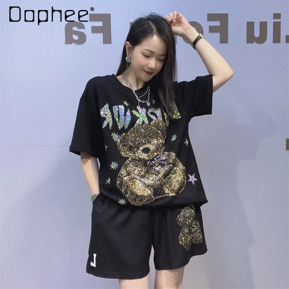 

Sparkling Diamond Short Sleeve Shorts Casual Suit Cartoon Black Sportswear Two-piece Sets Women's Outfits