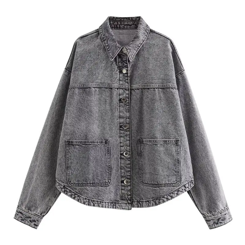 

Spring Summer 2024 Women's Long Sve Single Button Side Slit Denim Jaet Outerwear Casual Loose Fit Regular Length