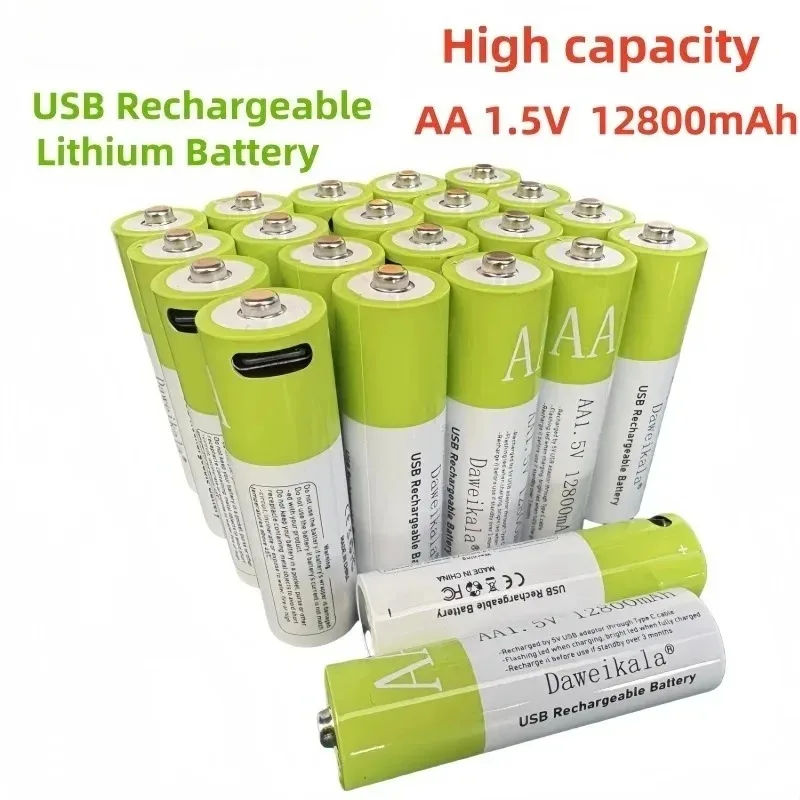 2026 New 1.5V AA USB Rechargeable Battery 12800 mAh Li-ion Battery for Remote Control Mouse Electric Toy Battery + Type-C Cable