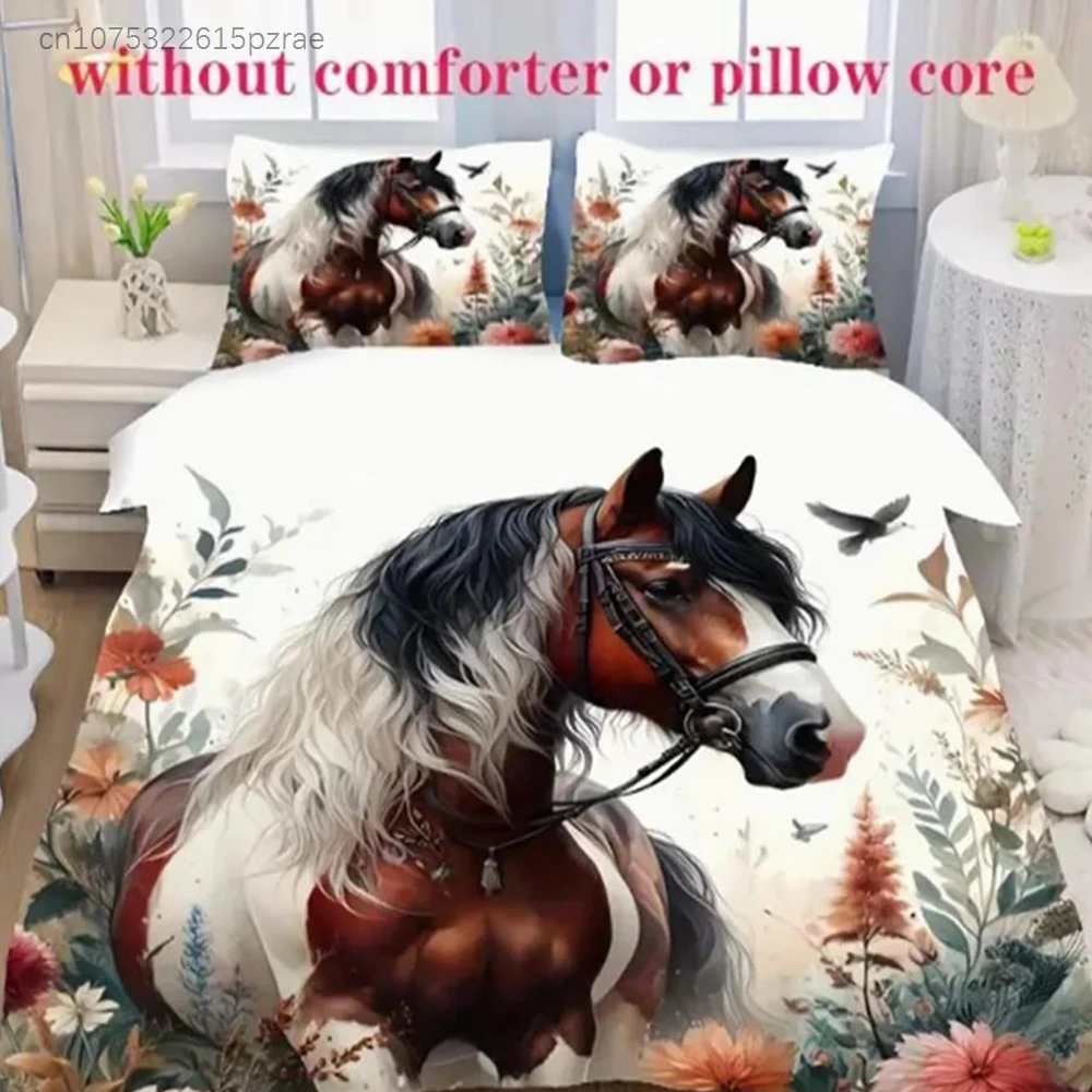 3pcs Floral Horse Printed Duvet Cover Set (1 Duvet Cover + 2 Pillowcases, No Core) - Soft, Comfortable, And Breathable Bedroom