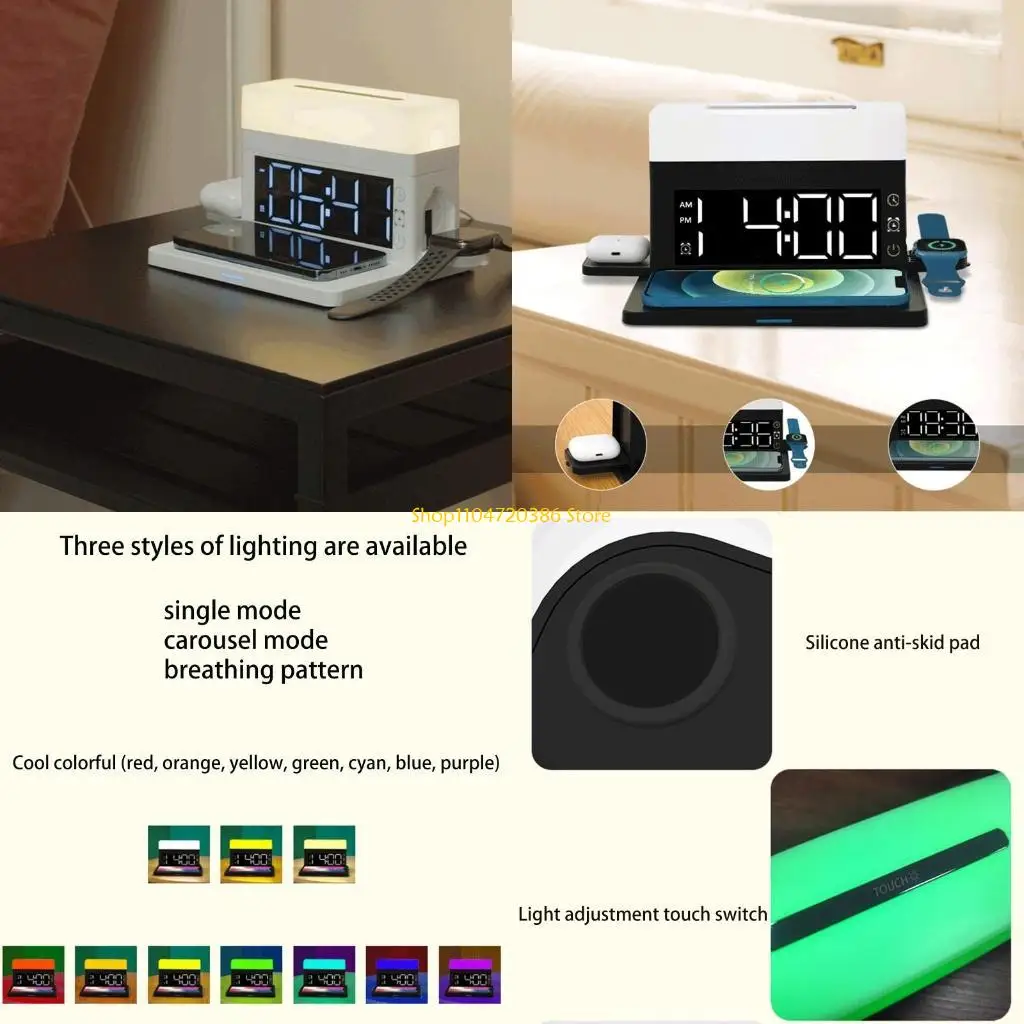 

K0EA Цифровой будильник с беспроводной зарядкой 15 Вт, прикроватный ночник, 7 цветов, лампа для телефона, часы 6 в 1