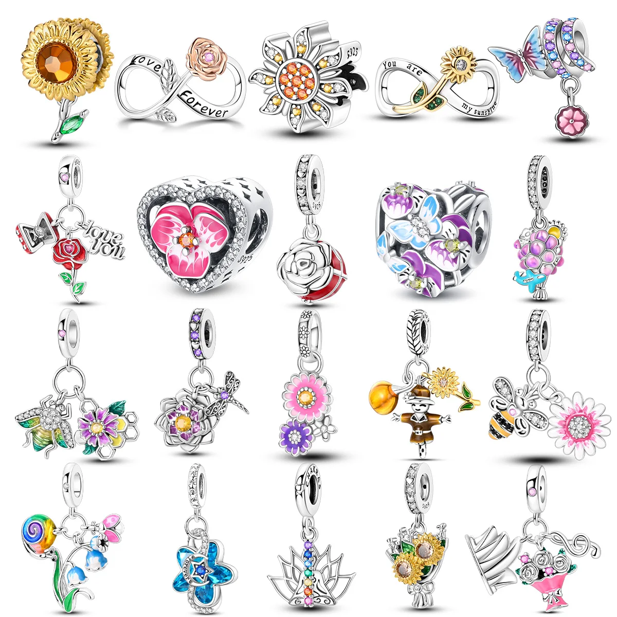 

925 sterling silver Love Bee Firefly Rose flower Serie charms fit 4mm Aperture bracelet charm beads necklace Diy female jewelry