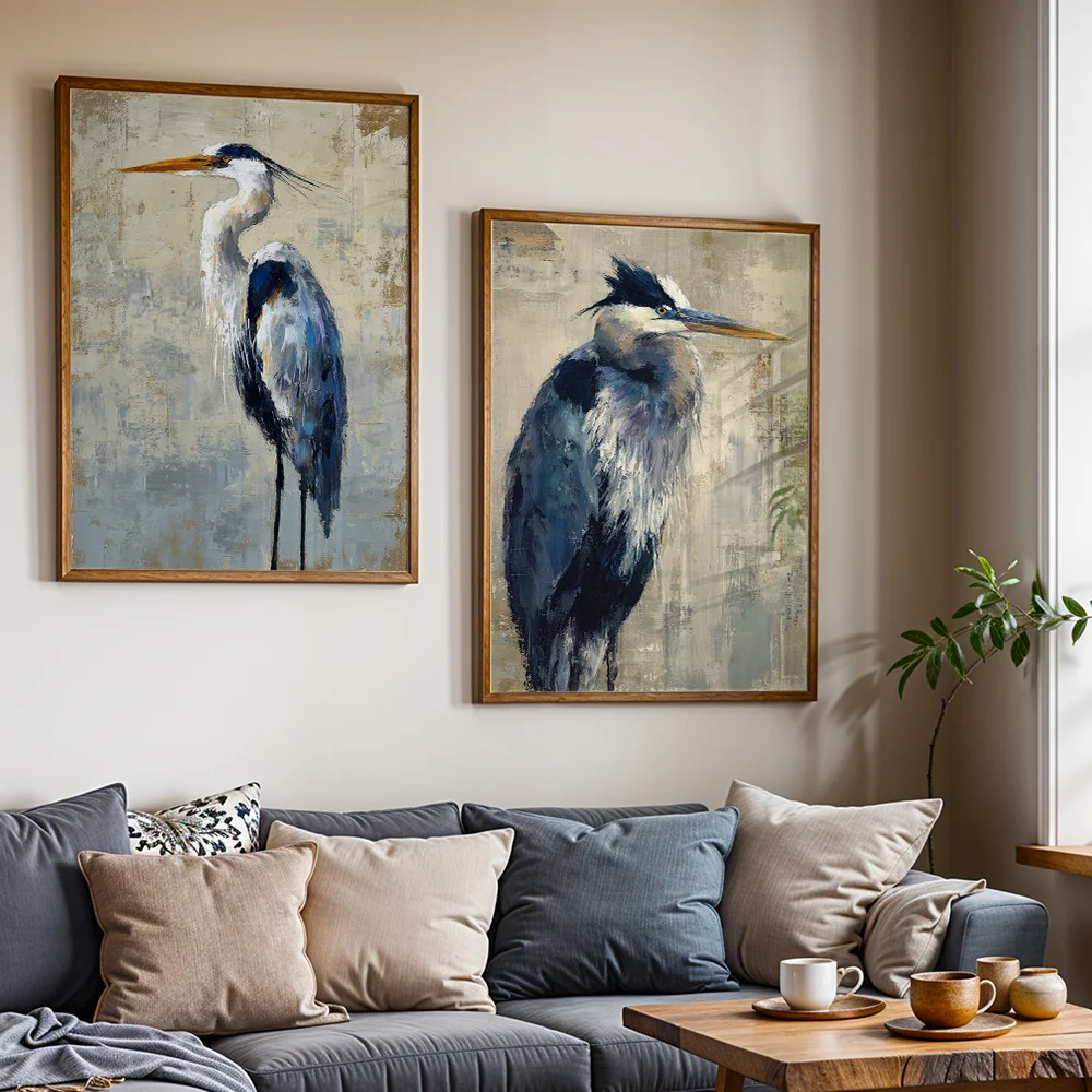 3Pcs Vintage Blue Heron Bird Oil Painting Canvas Wall Decor Painting, Aesthetic Art Home Decoration For Bedroom Living Room