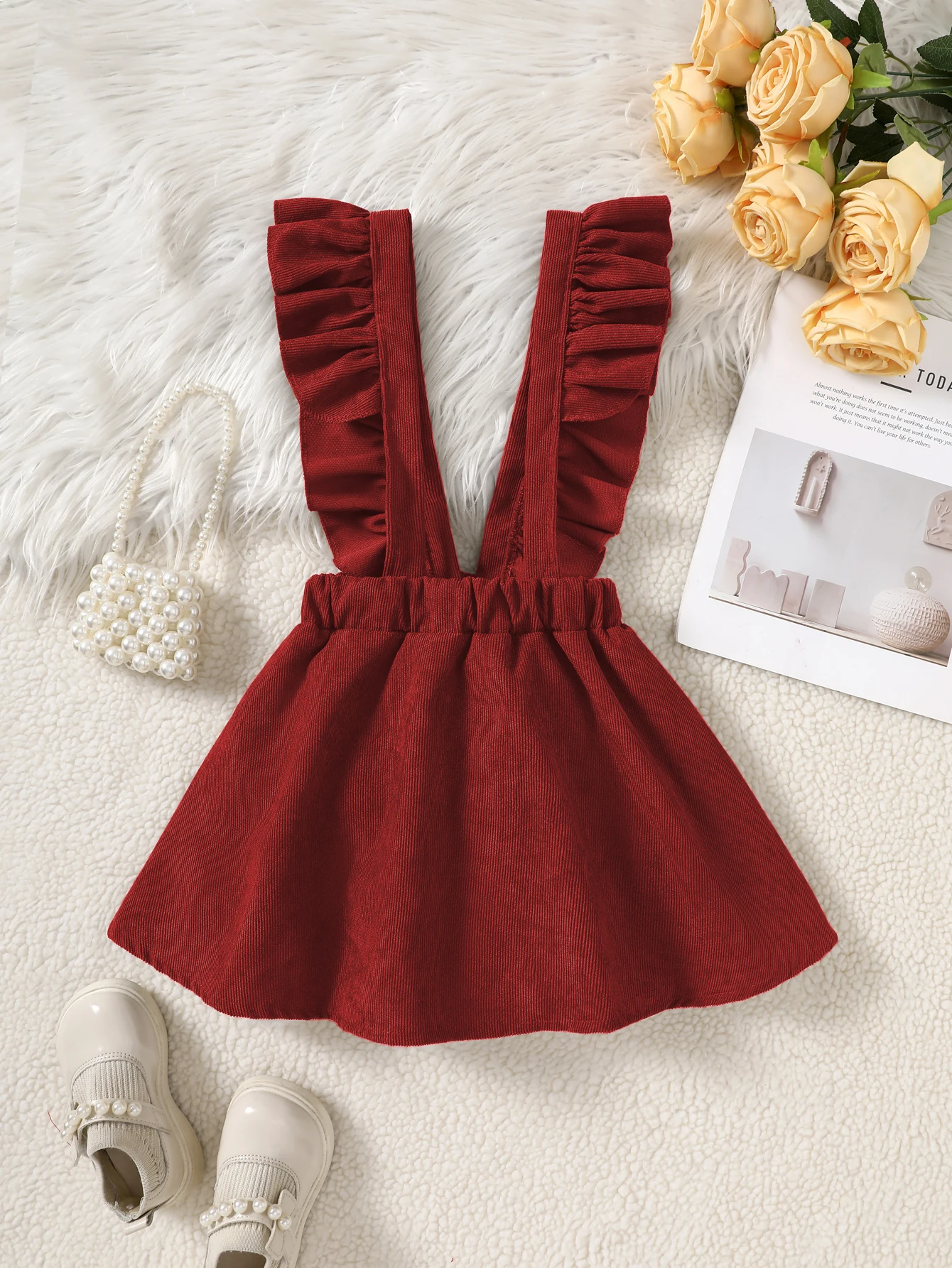 Girls Casual Fashion Corduroy Suspender Skirt Adjustable Skirt (Skirt Length Does Not Include Shoulder Straps)