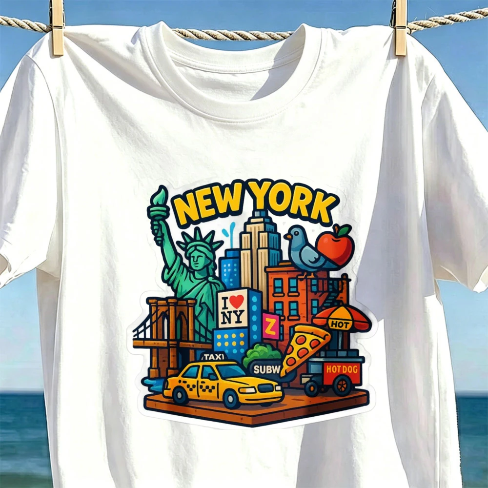 NYC Pizza Hot Dog Graphic Cotton Tee Statue Of Liberty Fun City Icons Travel Souvenir Men Women Casual Shirt Gifts For Travelers