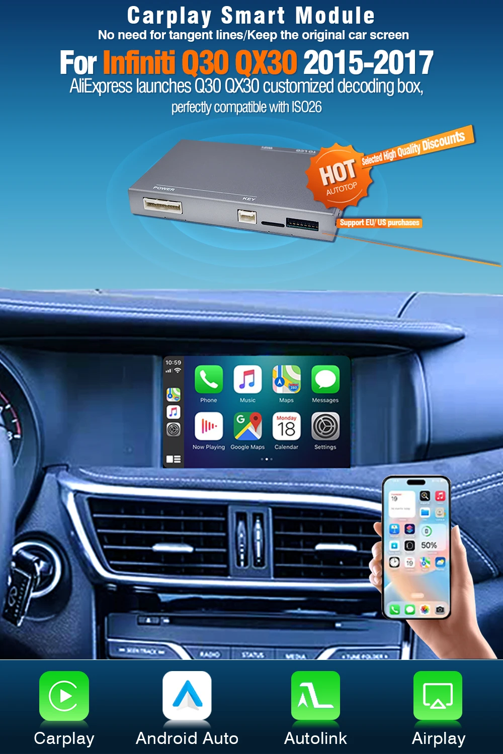 AUTOTOP Kabelloses CarPlay Android Auto Modul für Infiniti QX30 Q30 2013-2019 Auto-Upgrade Nachrüstkit MirrorLink Airplay AUX BT – Detail 4
