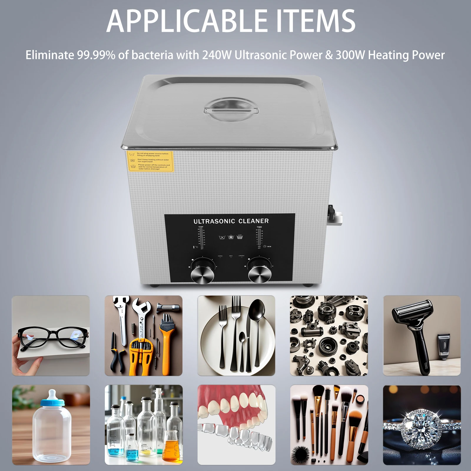 ACMESONIC Ultrasonic Cleaner 10L with Heater Degas Sonic Cleaning for Lab Jewelry Parts Bike Coin Dental