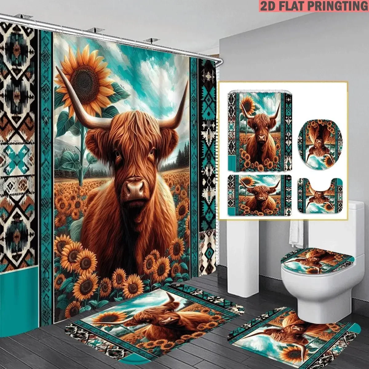 1pc/4pcs Shower Curtain and Bath Mat Set with Print Pattern Highland Cow Sunflower Field Pattern Print Non-Slip Bathroom Decor