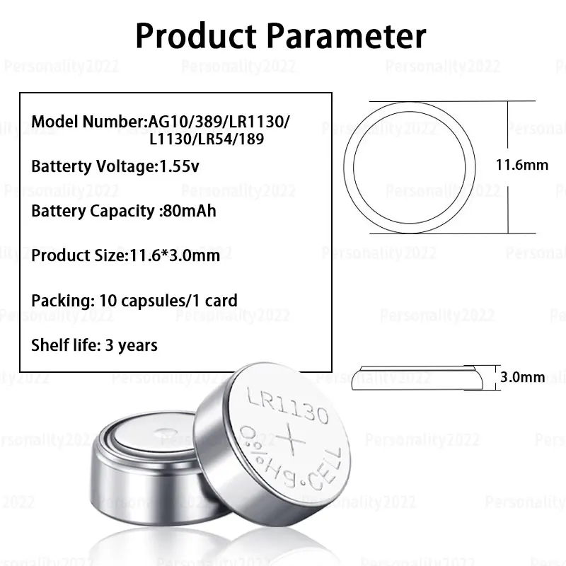 10-100pcs AG10 LR1130 Button Battery LR54 SR54 389 LR54 189 D89 1.55V Coin Cell for Watch Alarm Clock Calculator Toys Batteries