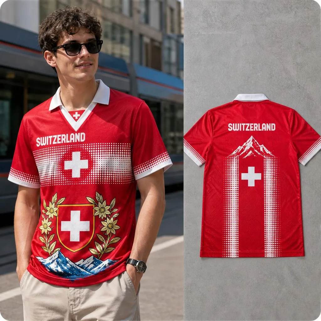 Mens Switzerland Cross Shield Edelweiss Mountain Graphic Semi Polo V Neck T Shirt Short Sleeve Casual Alpine Jersey Top New Wear