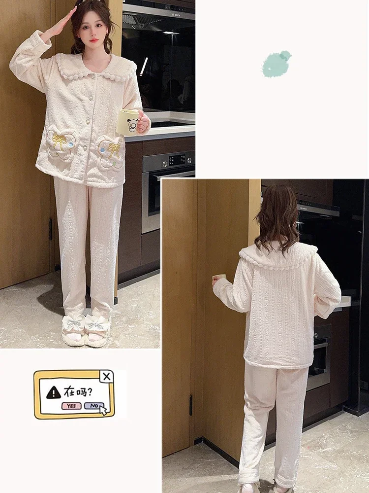 Big Size M-5XL Women Flannel Pajama Set Autumn and Winter Warm Sleepwear Long Sleeve Cardigan Trouser Suit  Home Clothes Outwear