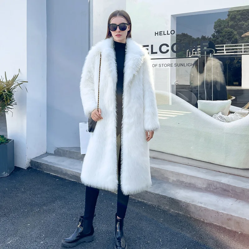 Knee Length Women Faux Fur Coats Jackets Turn Down Collar Thick Warm Y2k Streetwear Jacket Elegant Casual Loose Autumn Winter