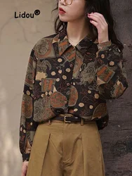 Vintage Fashion Printing Blouse Women New Long Sleeve Classic Polo Collar Archaic Wind Loose High Street All-match Lady Shirt