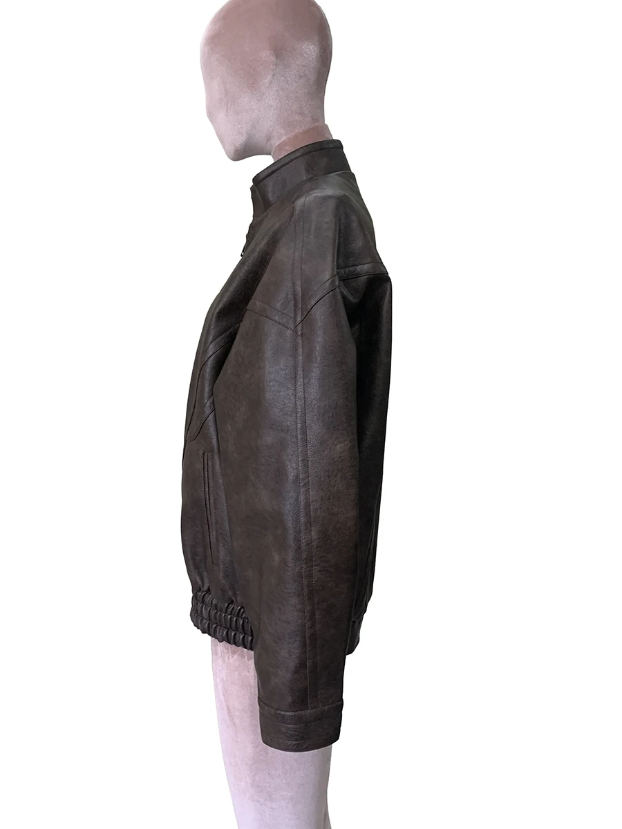 Spring Autumn Windproof Cool Handsome Distressed Brown Oversized Pu Leather Jacket Women Luxury Designer American Retro Clothes