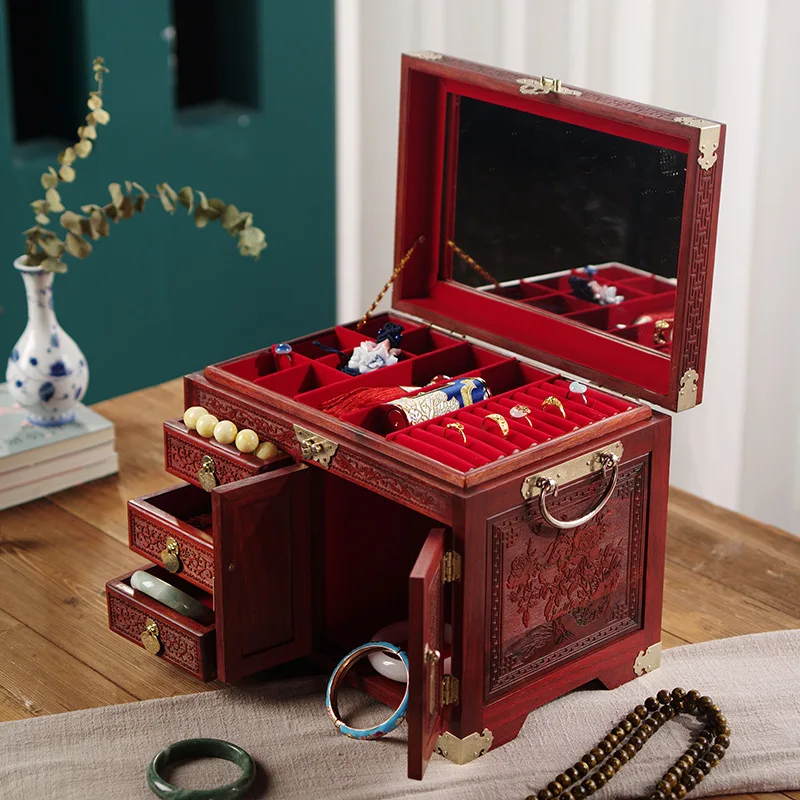 PYH mahogany exquisite red sandalwood solid wood Chinese wedding jewelry with lock retro storage hand jewelry box